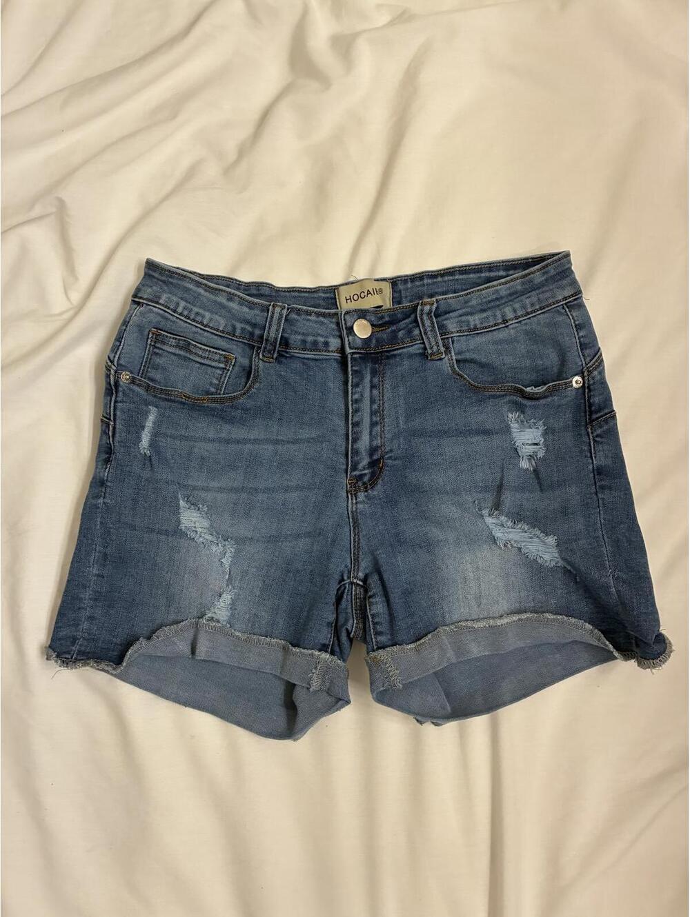 Hocaii Womans Sz12 Med Wash Distressed Y2K Cuffed Stretchy Mid-Rise Shorts